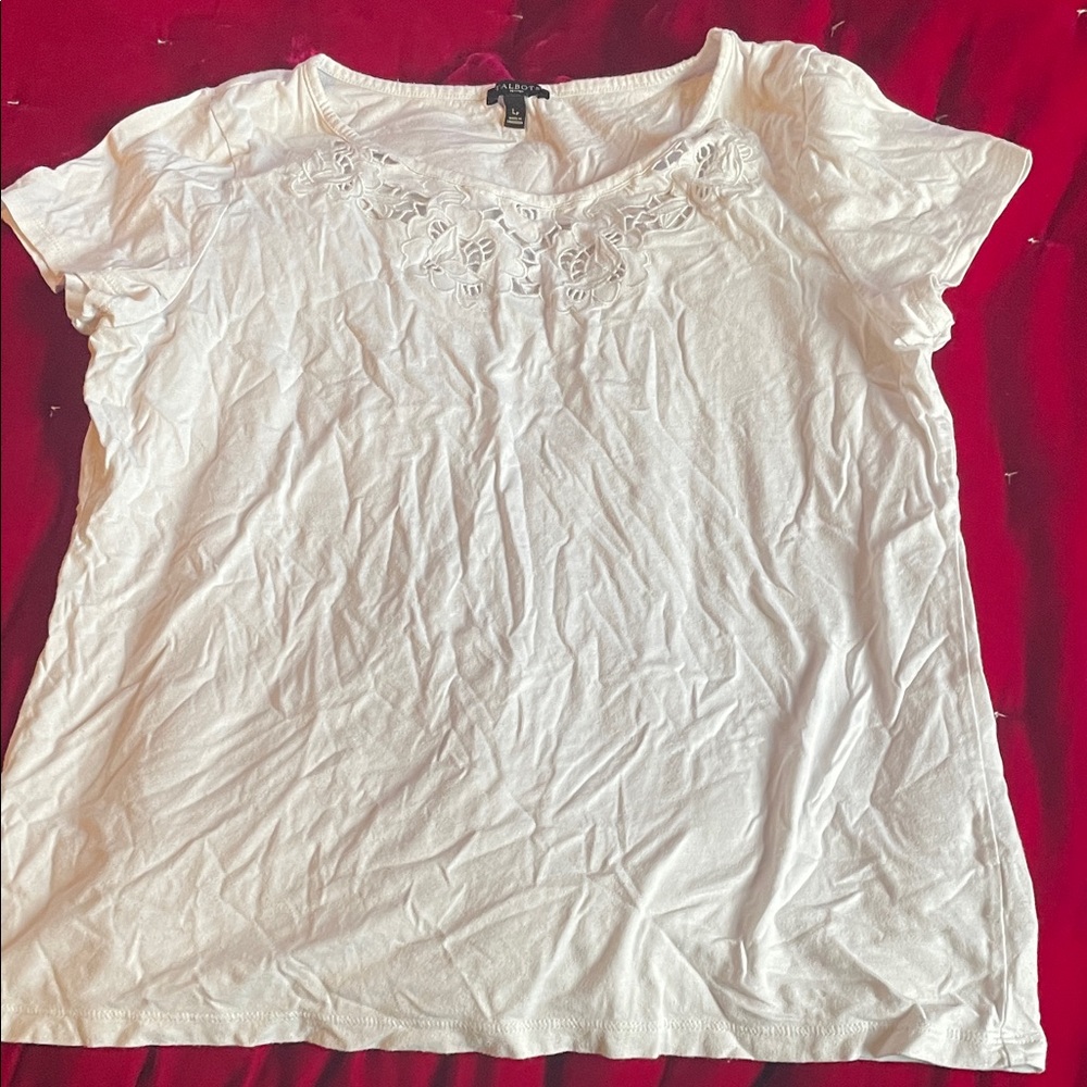 Talbots White Lace Detail Short Sleeve Top